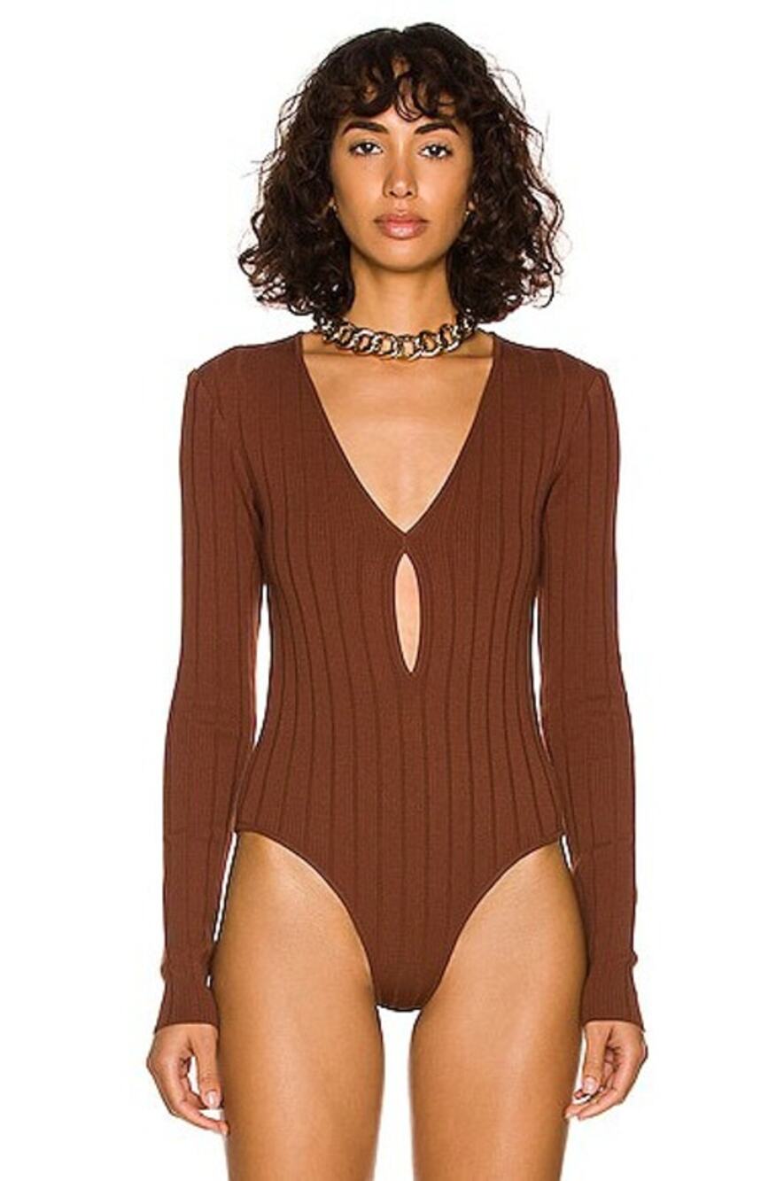 NWT Zeynep Arcay Drop V Neck Knit Bodysuit Cutout Long Sleeve Brown Size 6
